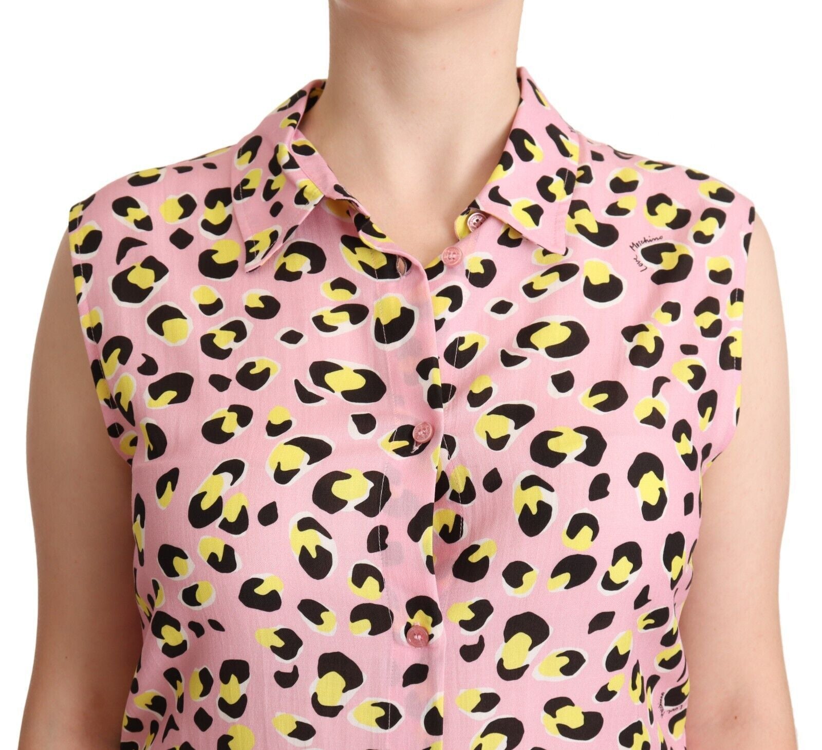 Polo sans manches à col et imprimé léopard rose Love Moschino