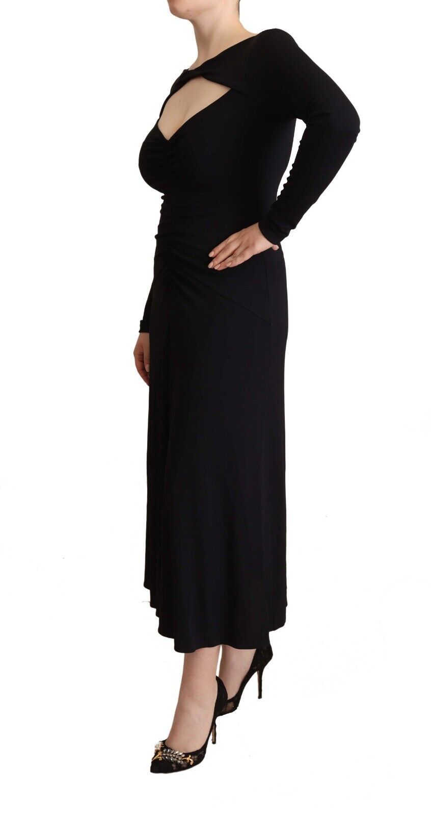 Robe longue en nylon extensible noir PINKO à manches longues et col en V profond