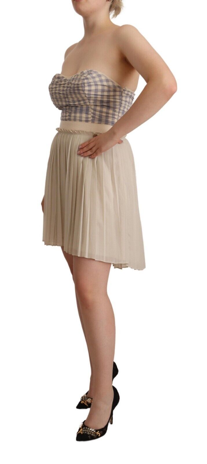 Robe bustier plissée à carreaux beige Guess, coupe trapèze, sans bretelles