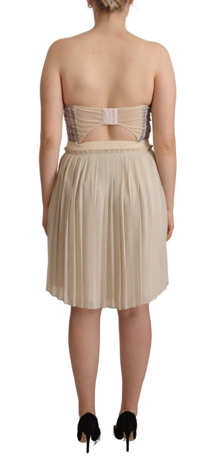 Robe bustier plissée à carreaux beige Guess, coupe trapèze, sans bretelles