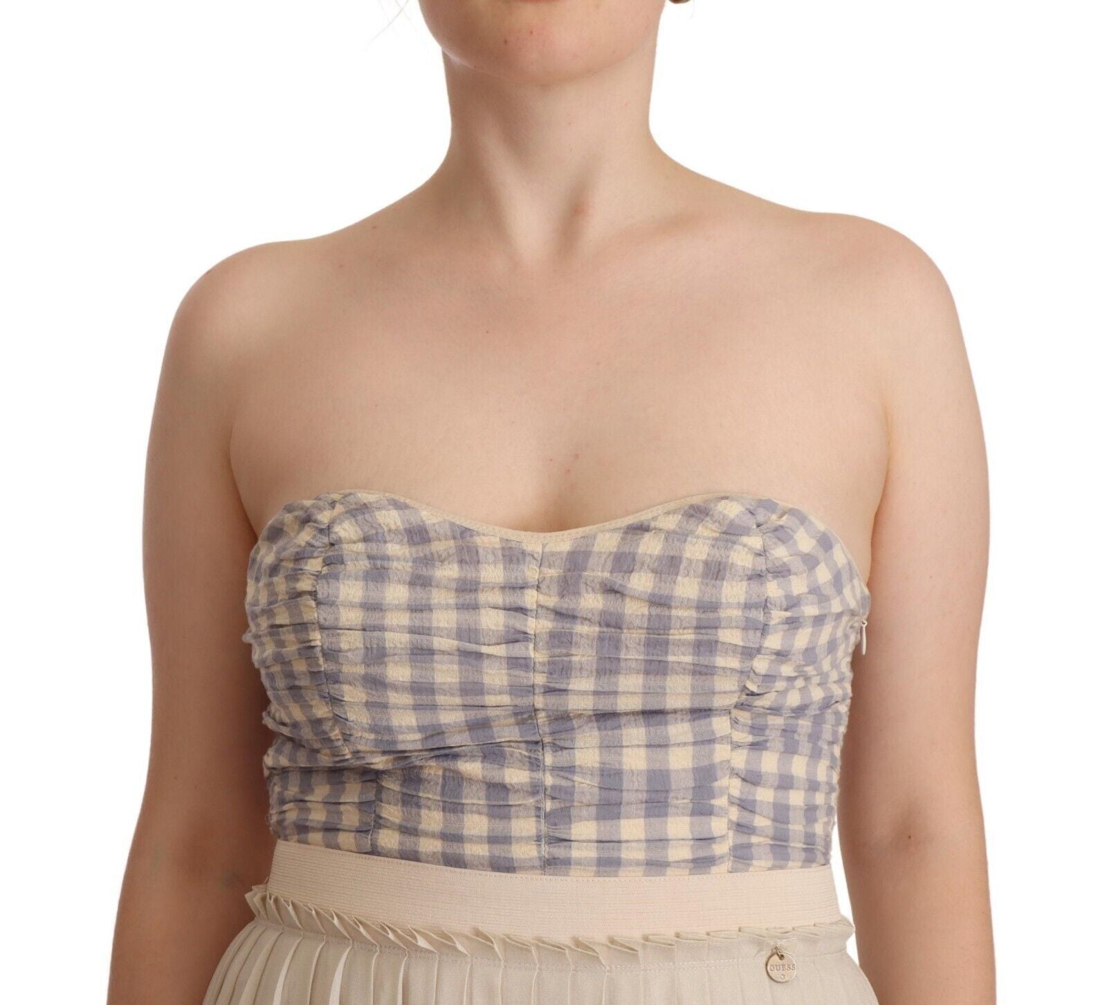 Robe bustier plissée à carreaux beige Guess, coupe trapèze, sans bretelles