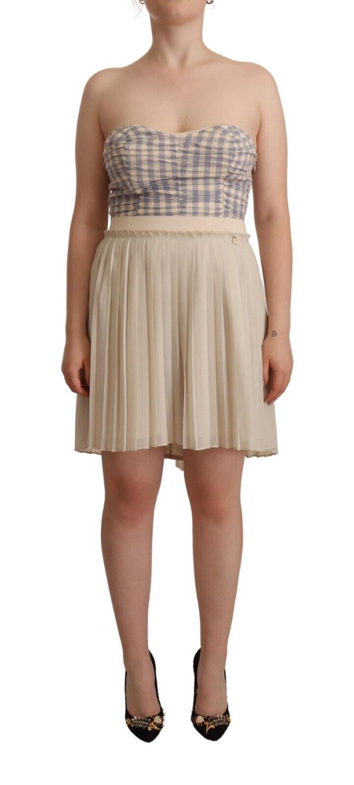 Robe bustier plissée à carreaux beige Guess, coupe trapèze, sans bretelles