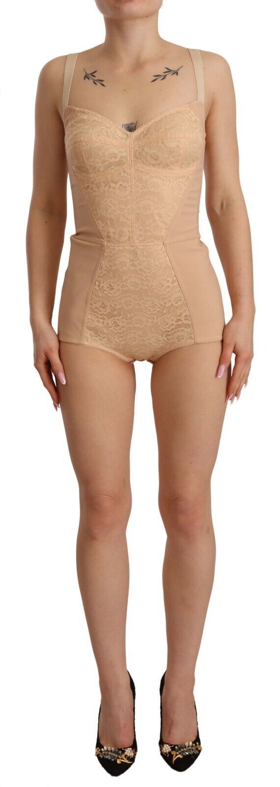Body Dolce &amp; Gabbana en nylon beige et dentelle florale