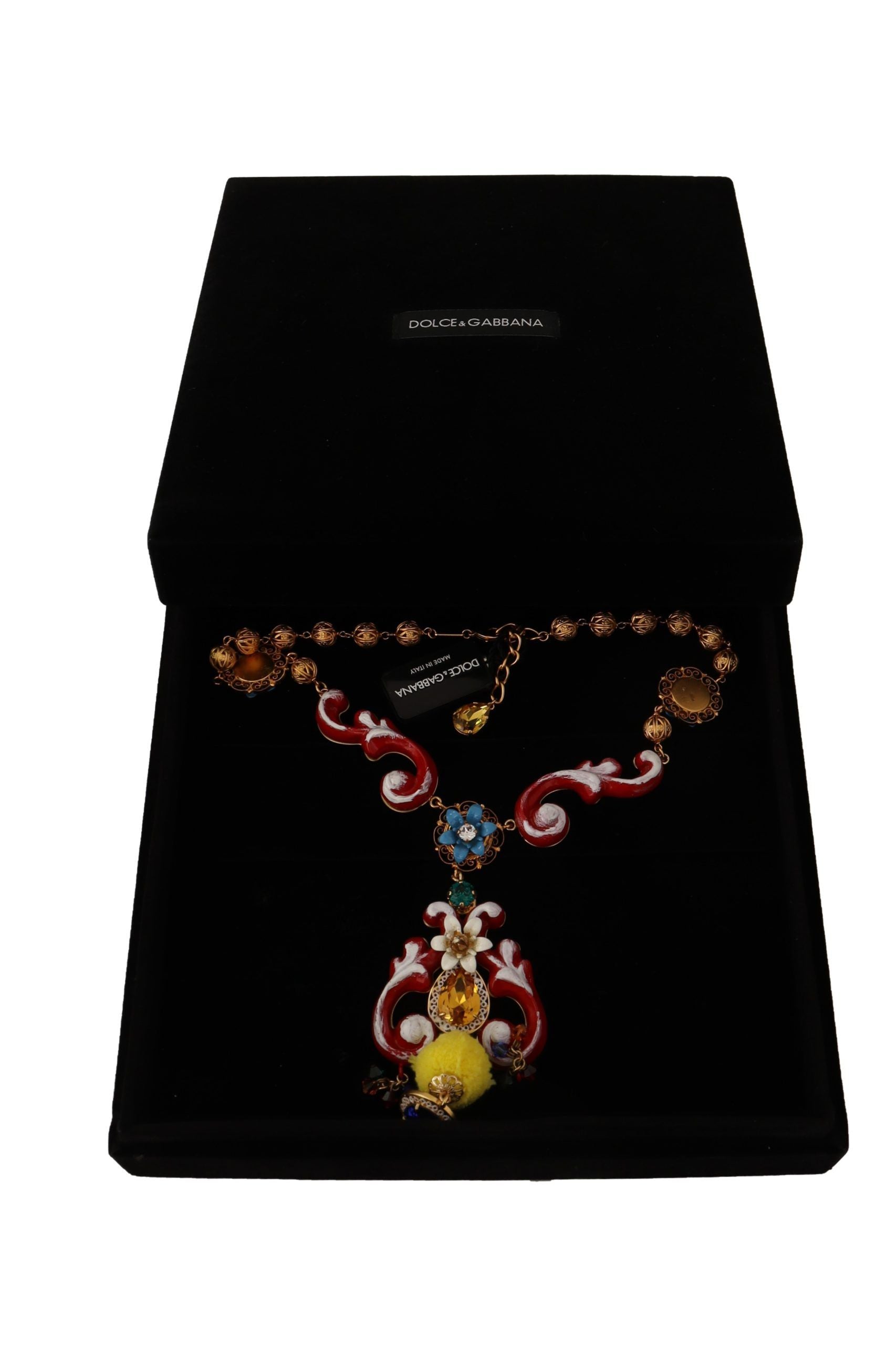 Collier Dolce &amp; Gabbana en laiton doré Carretto Sicily Statement avec chaîne en cristal