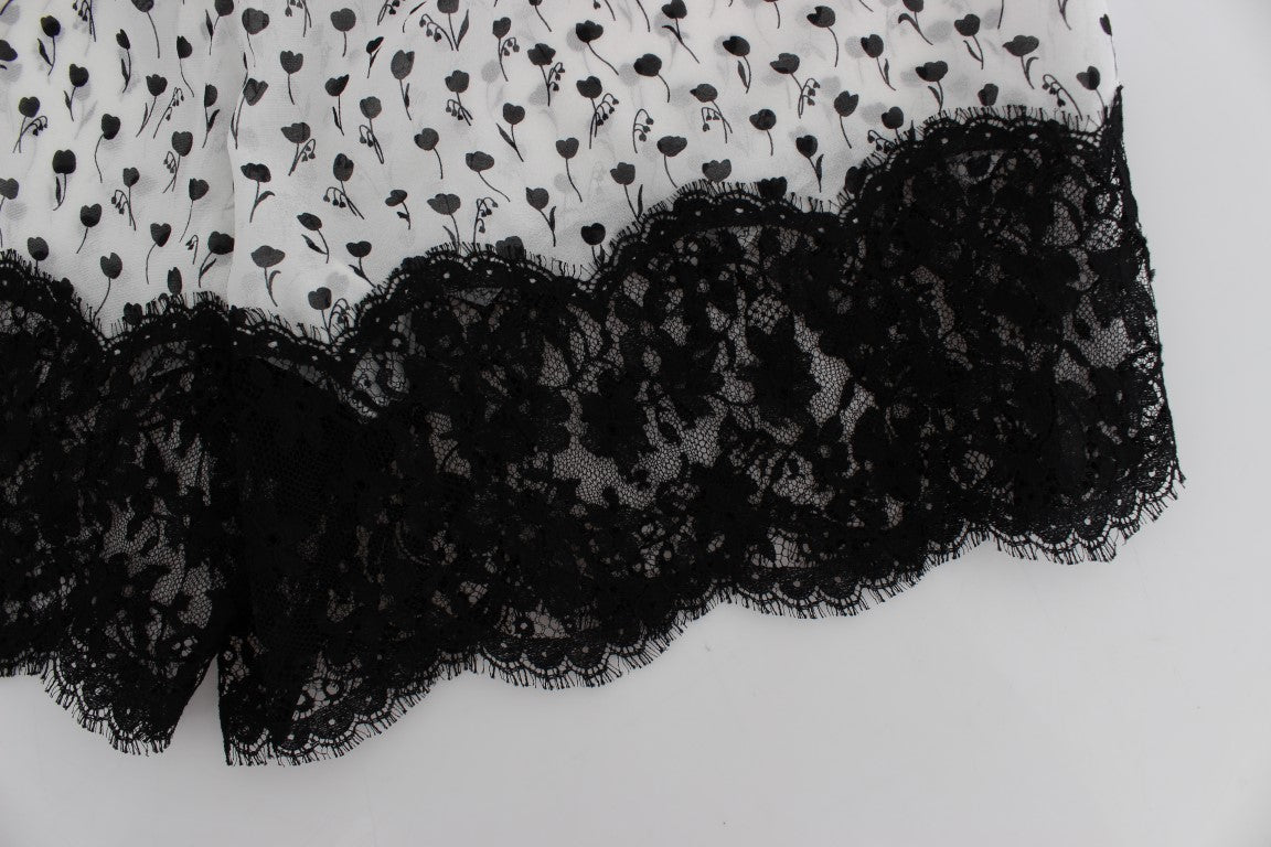 Short de nuit en soie et dentelle florale Dolce &amp; Gabbana blanc et noir 