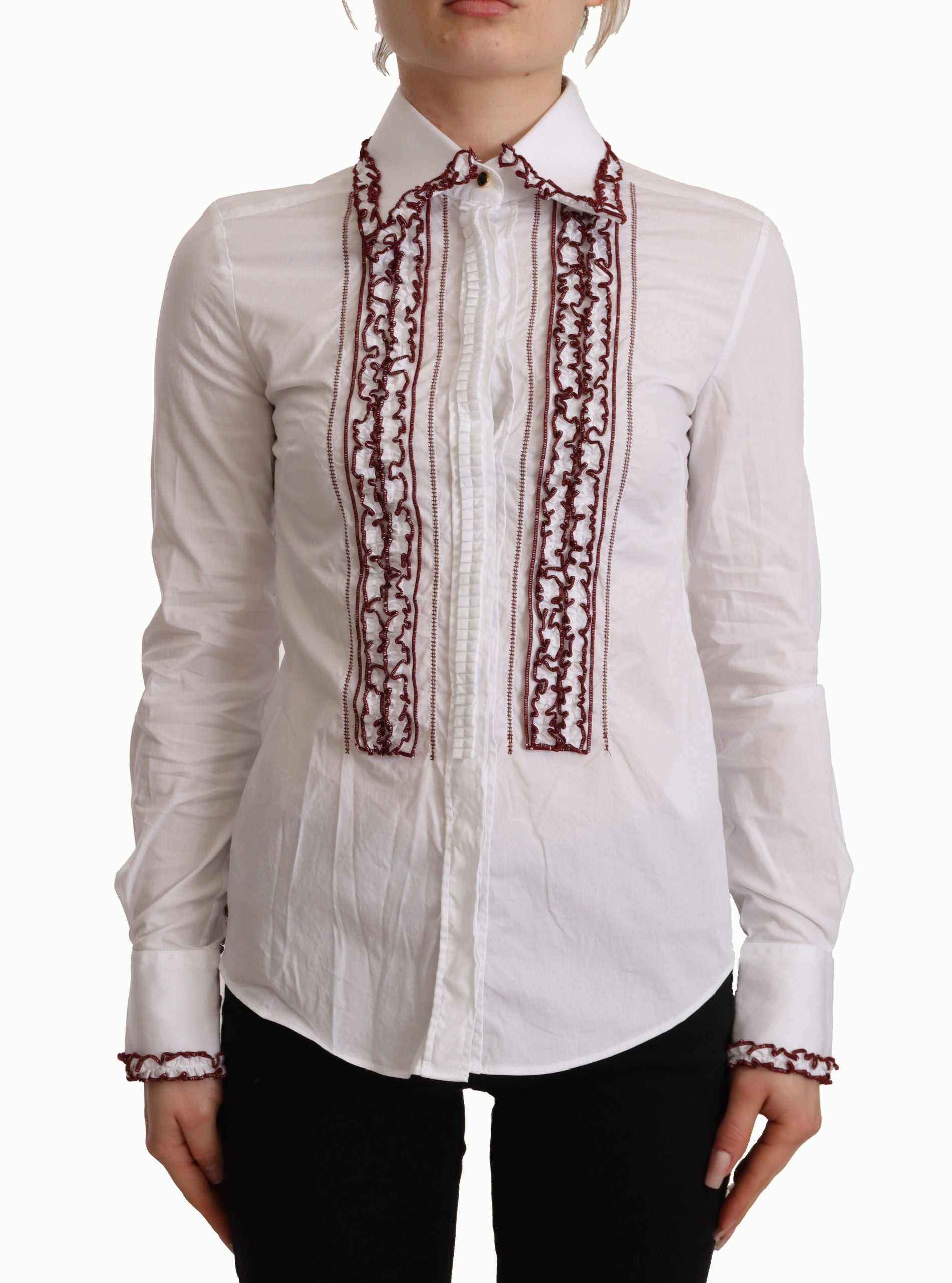 Chemise blanche en coton et dentelle à manches longues et col à volants Dolce &amp; Gabbana
