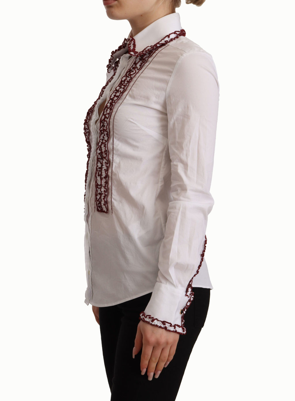 Chemise blanche en coton et dentelle à manches longues et col à volants Dolce &amp; Gabbana