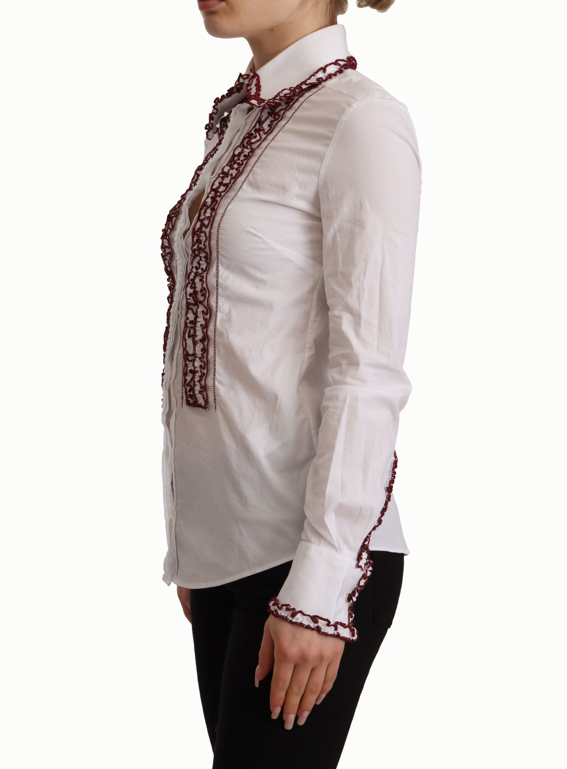 Chemise blanche en coton et dentelle à manches longues et col à volants Dolce &amp; Gabbana