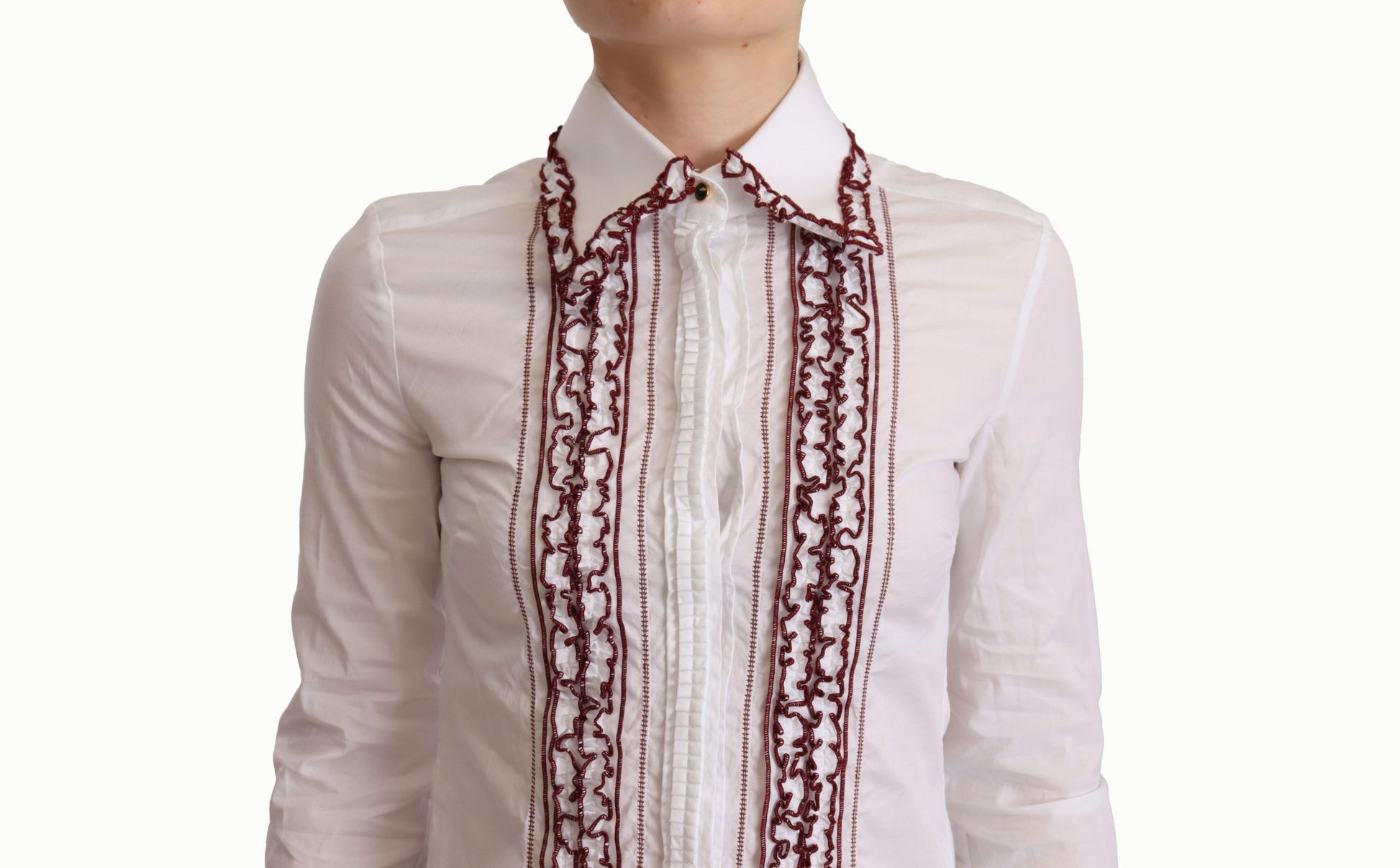Chemise blanche en coton et dentelle à manches longues et col à volants Dolce &amp; Gabbana