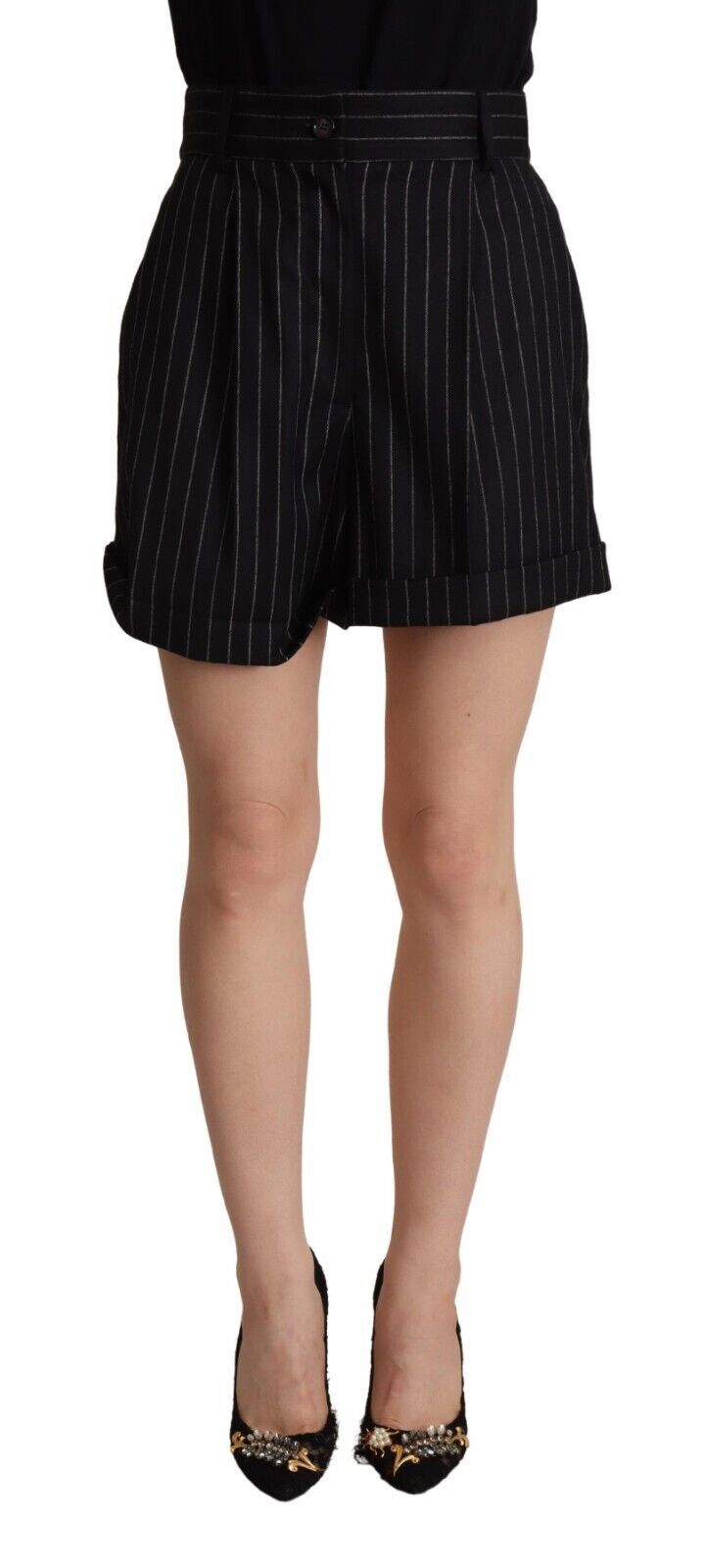 Pantalon bermuda taille haute en laine à rayures noires Dolce &amp; Gabbana