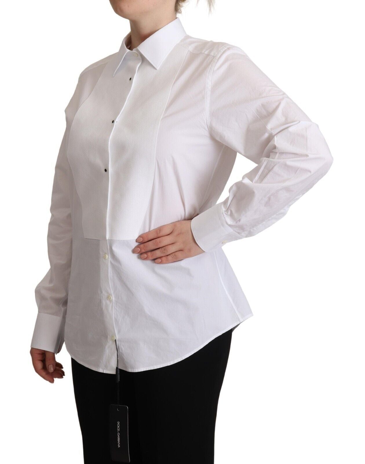 Robe chemise blanche en coton Dolce &amp; Gabbana à manches longues et col