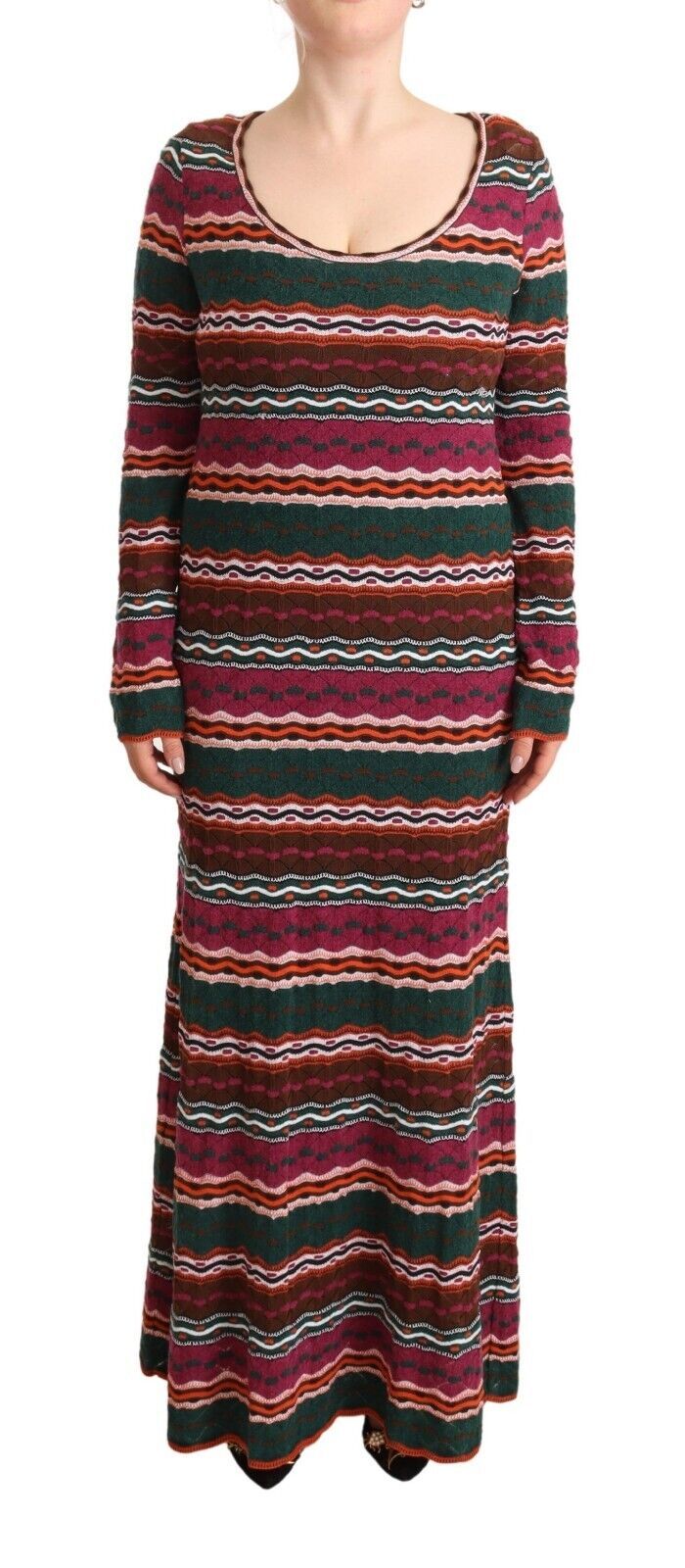 Robe fourreau longue en laine tricotée à rayures multicolores Missoni
