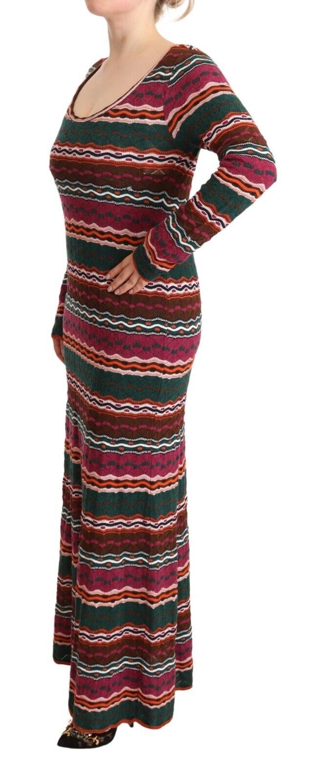 Robe fourreau longue en laine tricotée à rayures multicolores Missoni