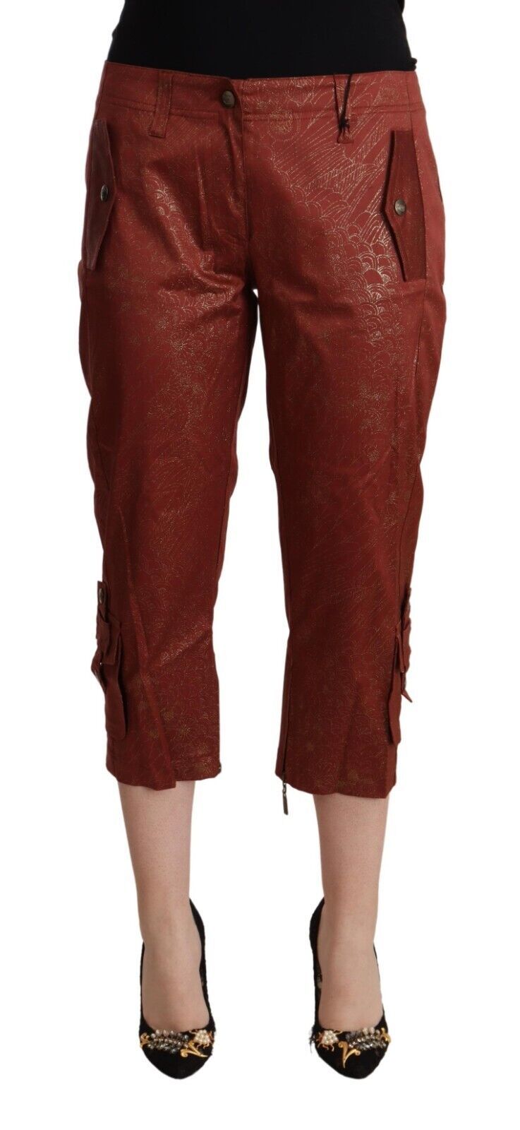 Pantalon capri court taille moyenne en coton lurex marron Just Cavalli