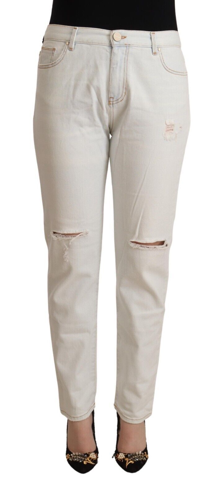 Jean skinny taille moyenne en coton blanc effet usé PINKO
