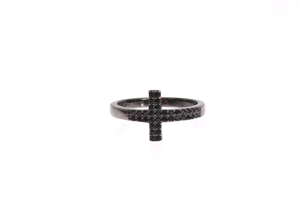 Bague Nialaya en rhodium 925 avec croix en zircone noire