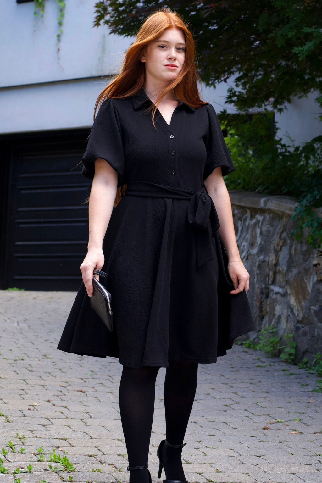 Coralie Women's Fit-and-Flare Shirt Dress Tie Waist Bell Sleeves