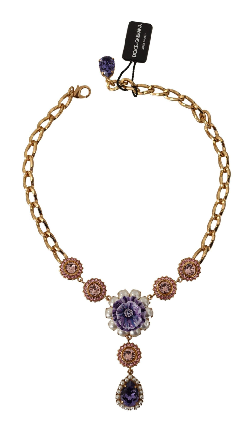 Collier Dolce &amp; Gabbana avec pendentifs en laiton doré et perles violettes et roses