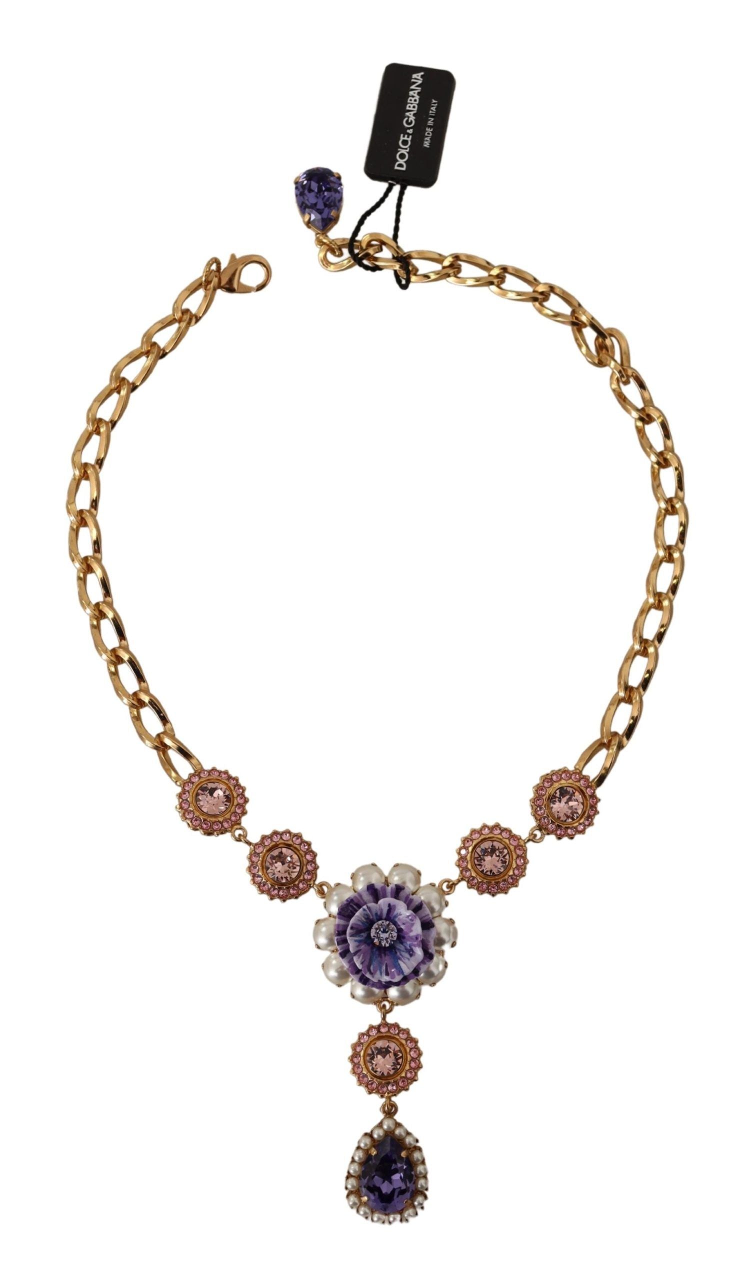Collier Dolce &amp; Gabbana avec pendentifs en laiton doré et perles violettes et roses