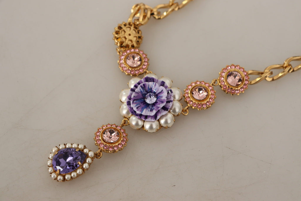 Collier Dolce &amp; Gabbana avec pendentifs en laiton doré et perles violettes et roses