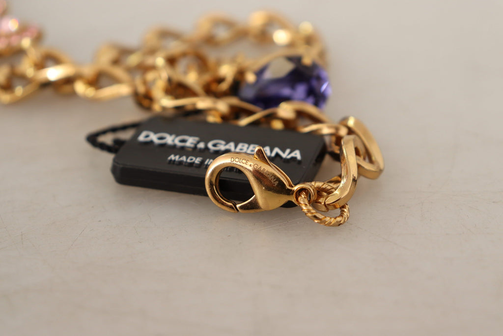 Collier Dolce &amp; Gabbana avec pendentifs en laiton doré et perles violettes et roses