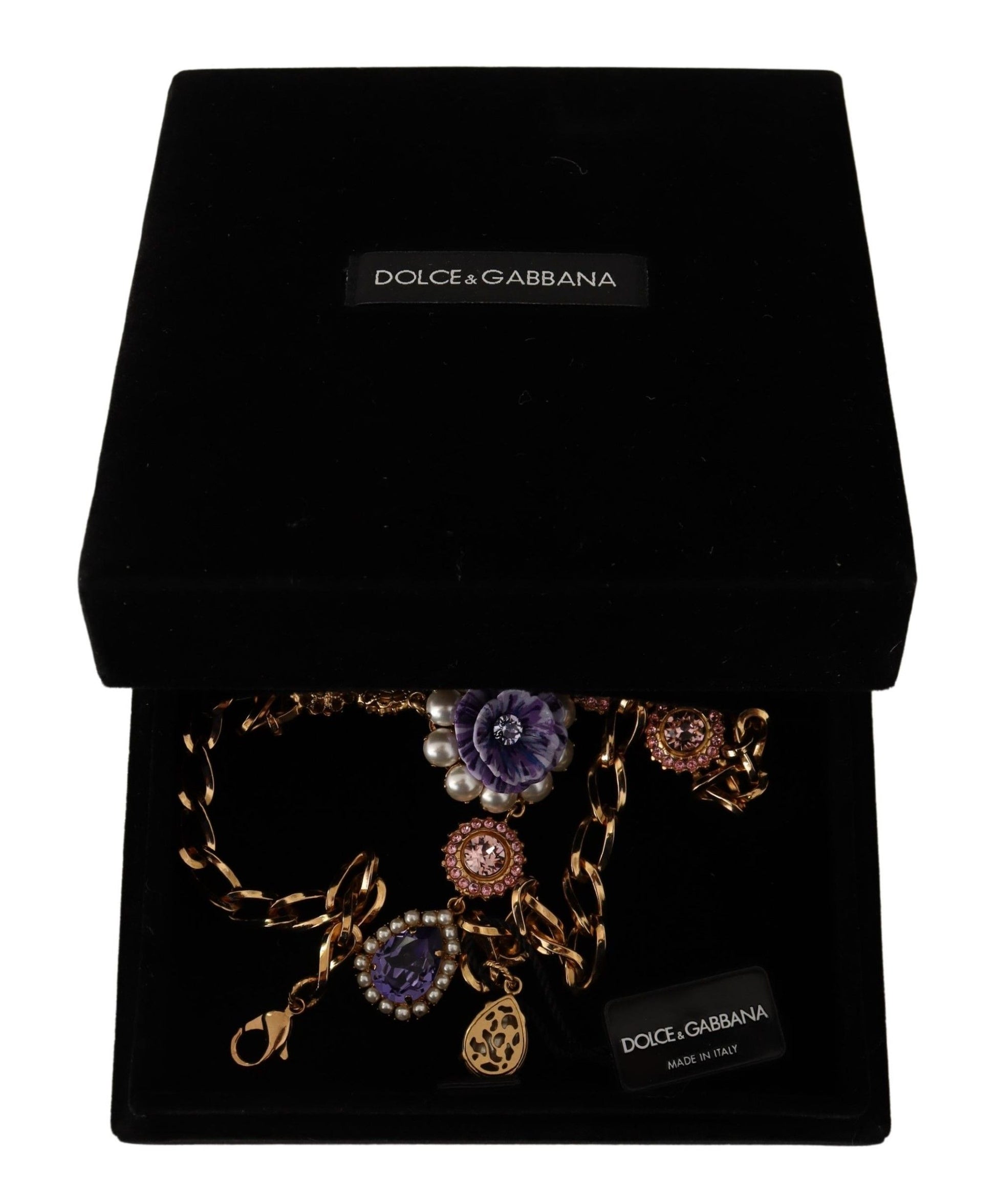 Collier Dolce &amp; Gabbana avec pendentifs en laiton doré et perles violettes et roses
