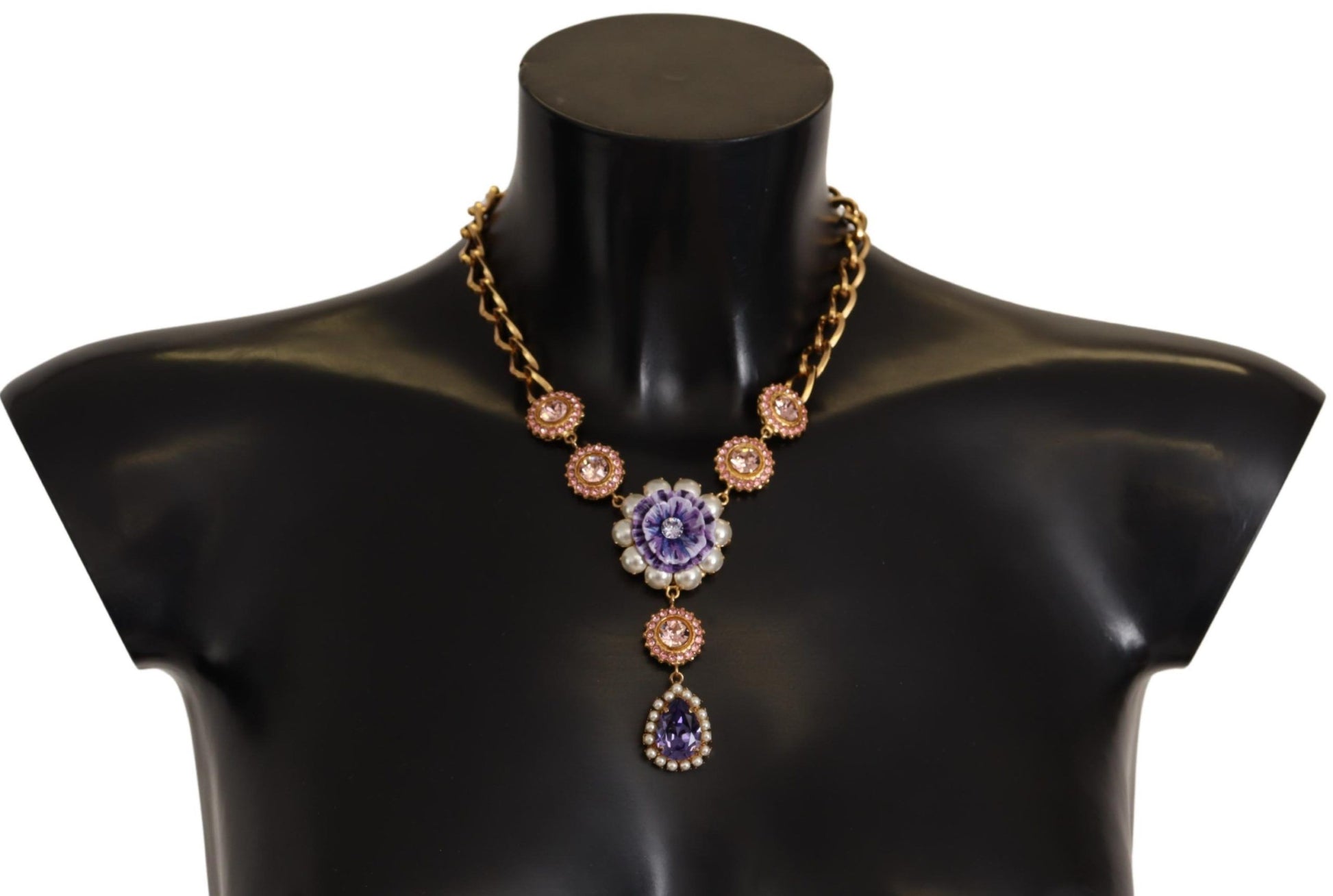 Collier Dolce &amp; Gabbana avec pendentifs en laiton doré et perles violettes et roses