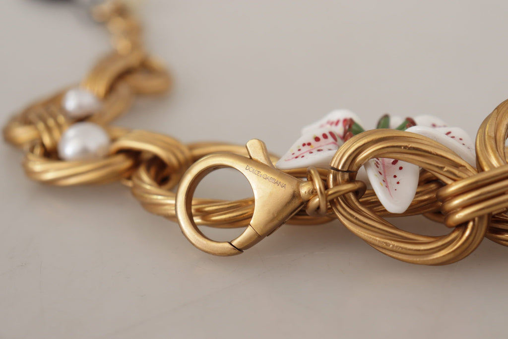 Collier Dolce &amp; Gabbana en or et orné de fleurs de lys blanc