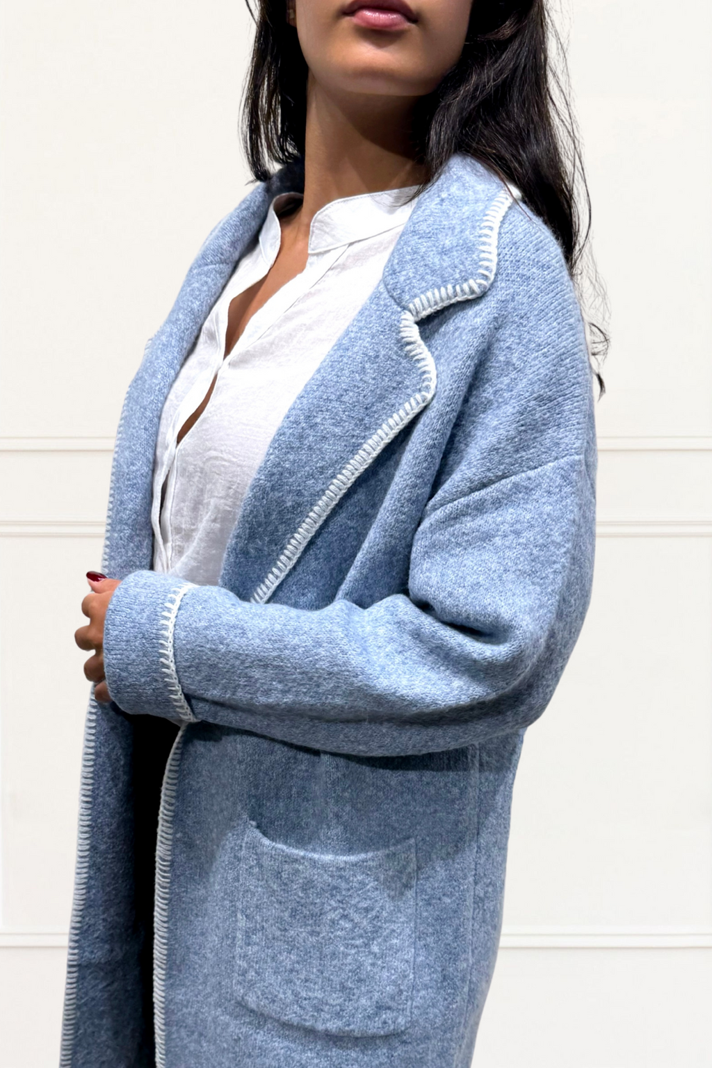Solana Knit Jacket Collar Long Open-Front Contrast Stitching Pockets-1