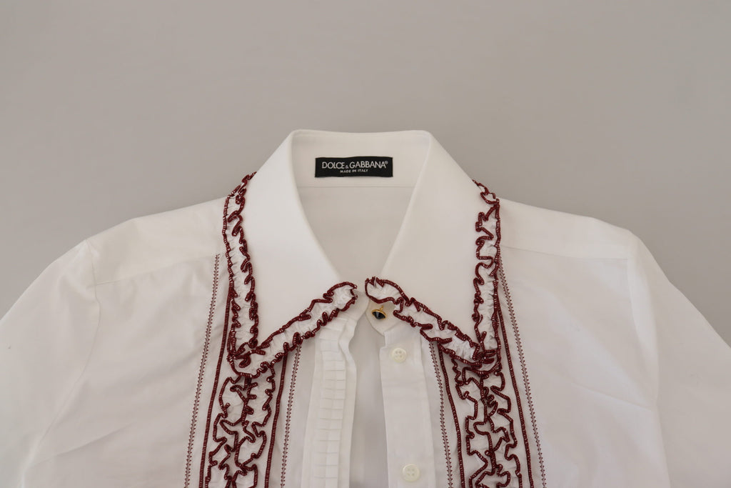 Dolce &amp; Gabbana Haut à manches longues en dentelle blanche et col à volants