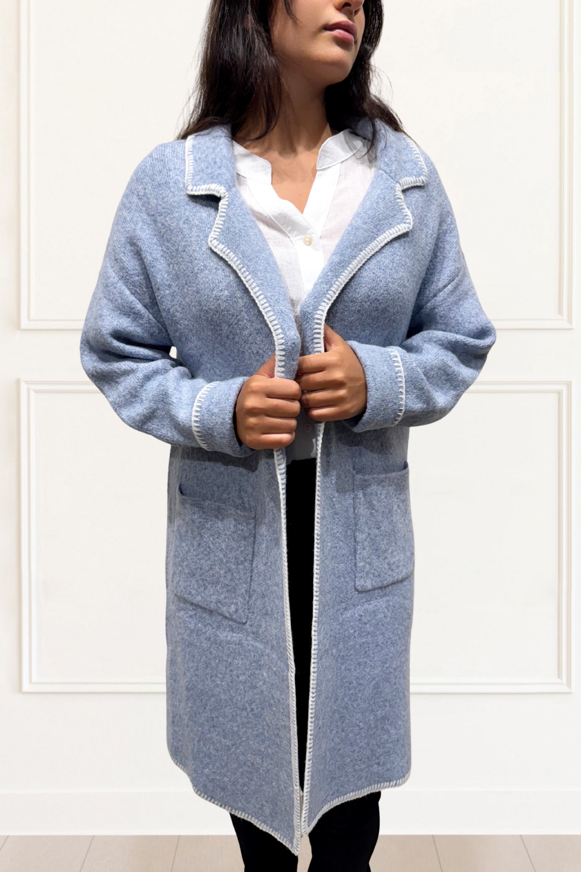 Solana Knit Jacket Collar Long Open-Front Contrast Stitching Pockets-0