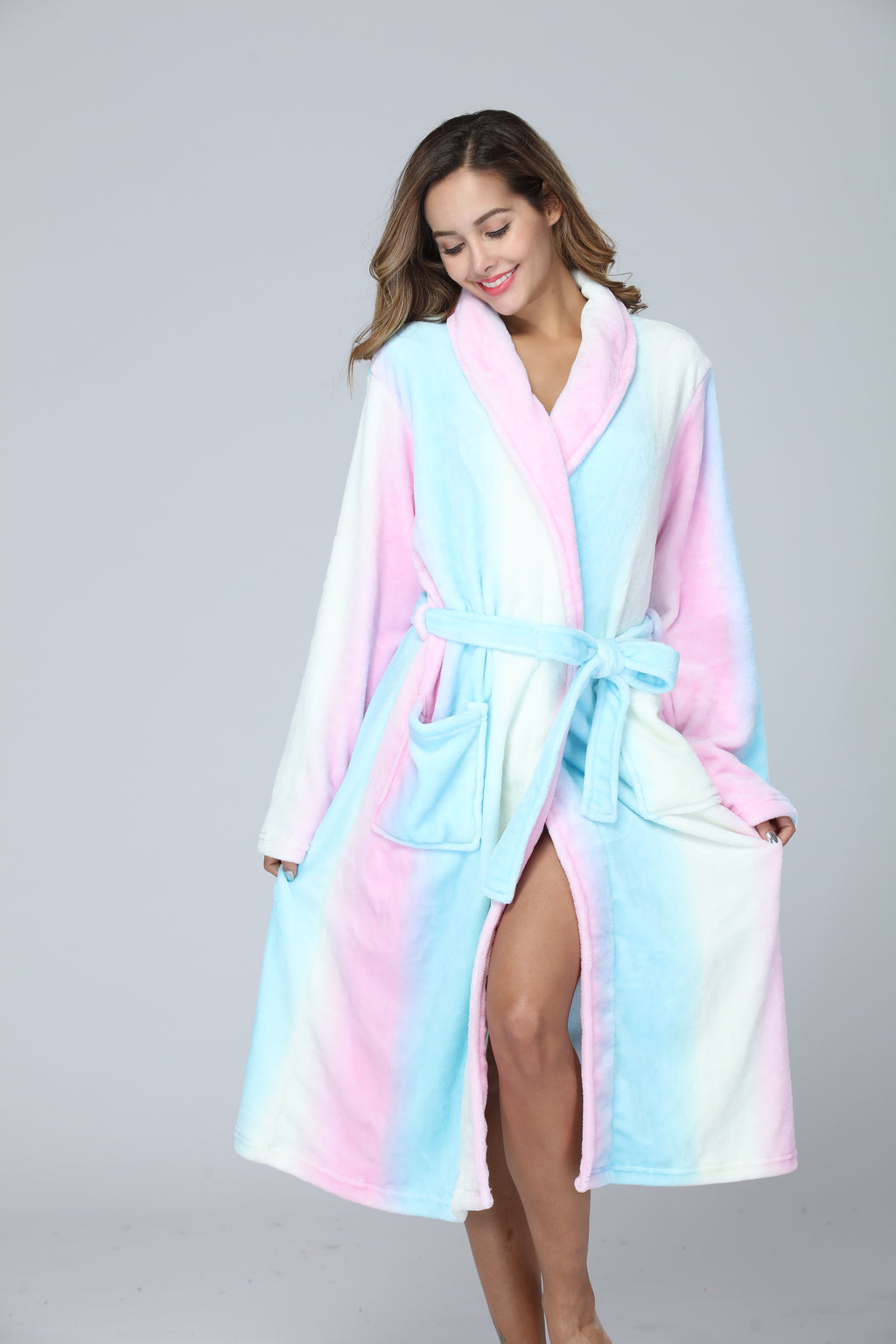 RONGTAI Womens Long Robes Plush Fleece Nightgown Thick Hooded Bathrobe With Pockets Fluffy Sleepwear For Men