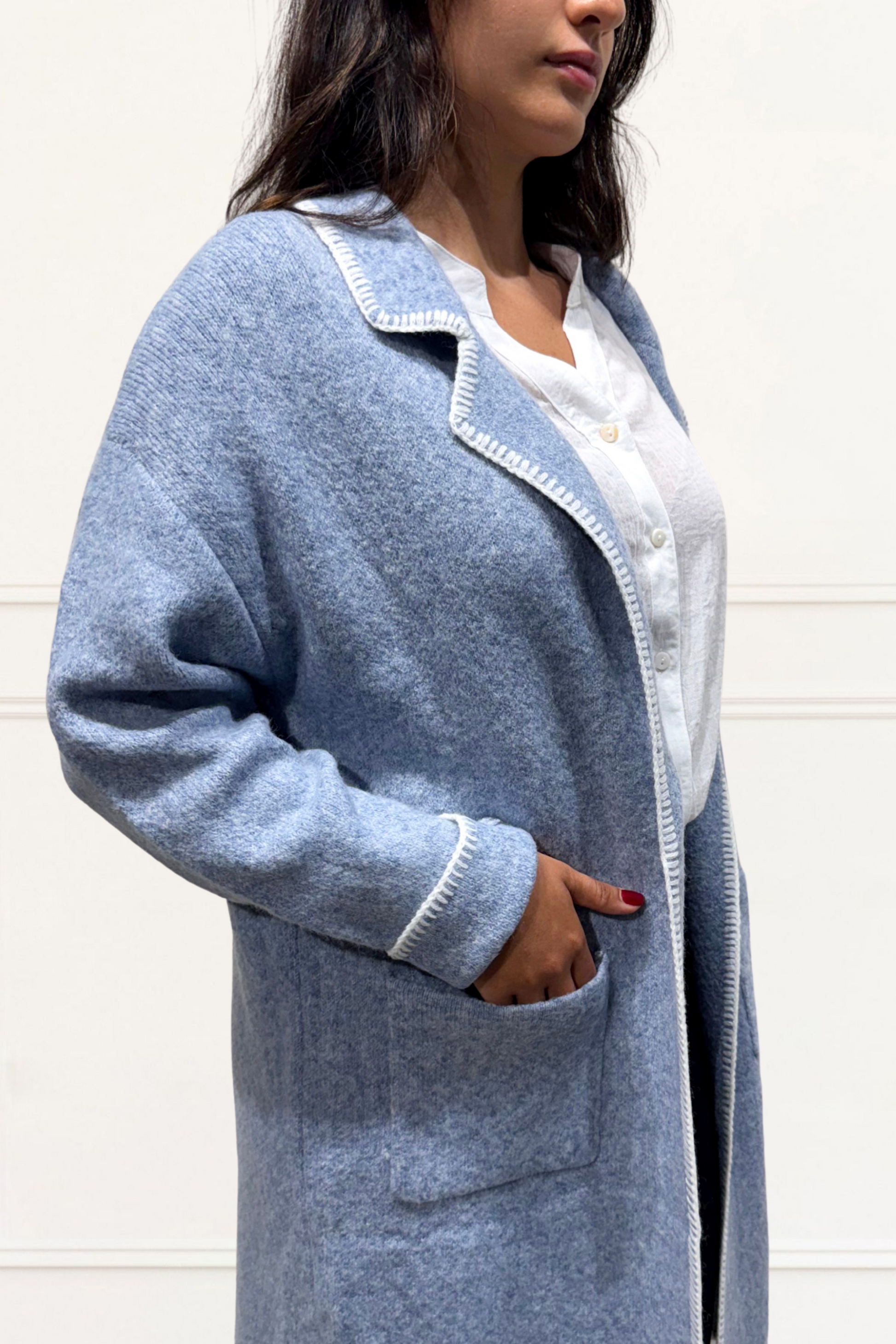 Solana Knit Jacket Collar Long Open-Front Contrast Stitching Pockets-2