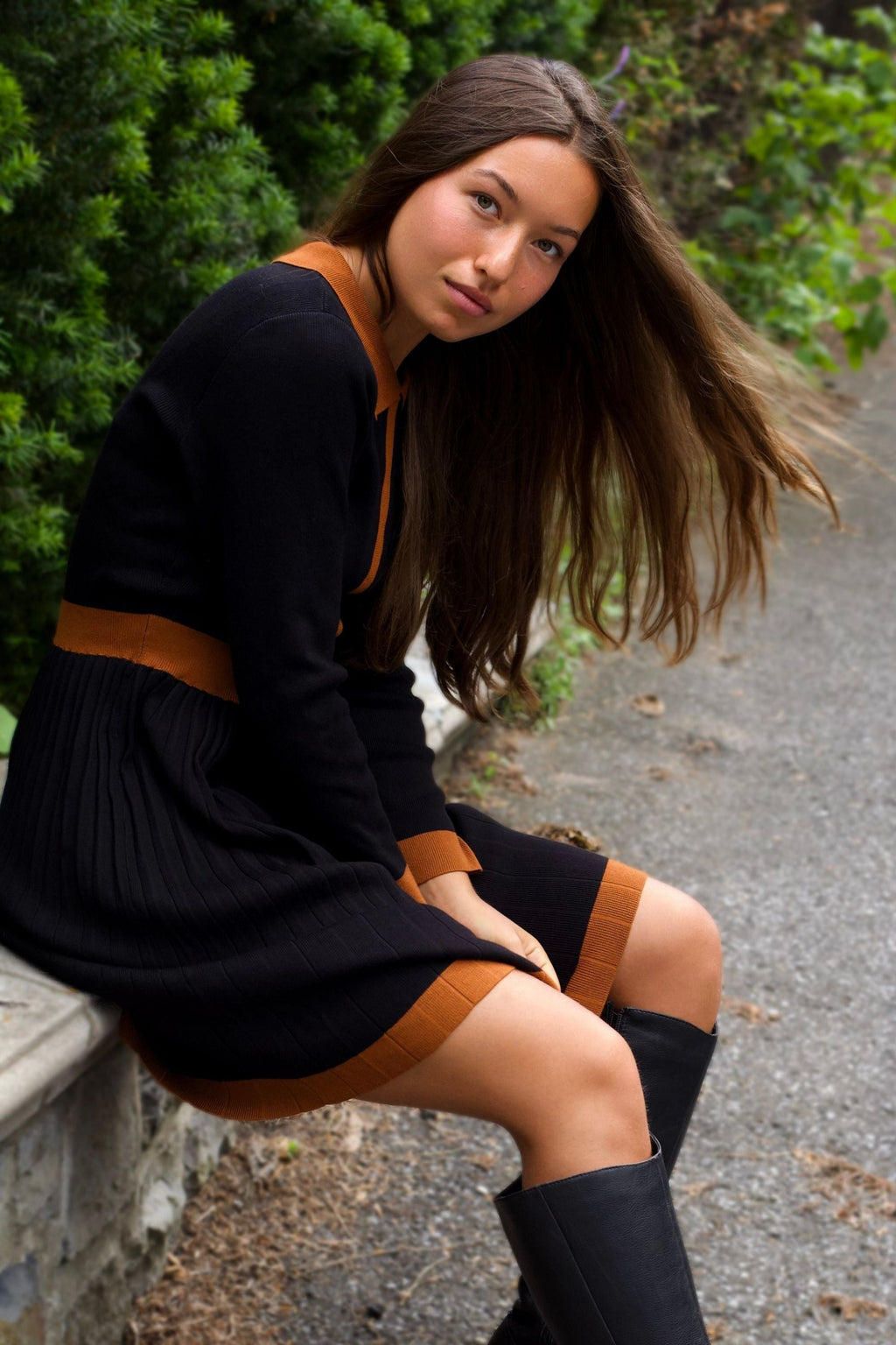 Clarissa Knit Women's Dress Contrast Trim Long Sleeves-2