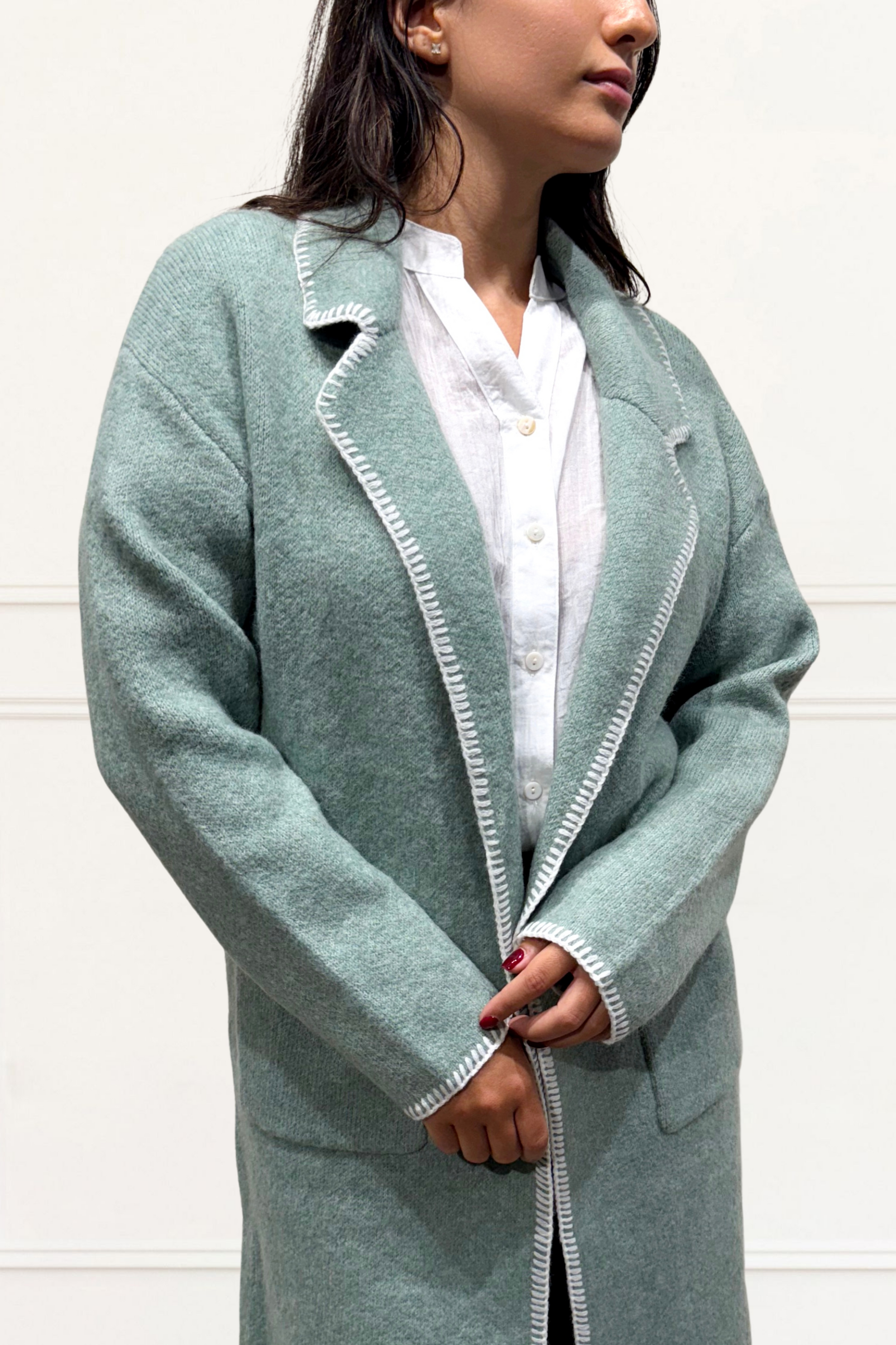 Solana Knit Jacket Collar Long Open-Front Contrast Stitching Pockets-4