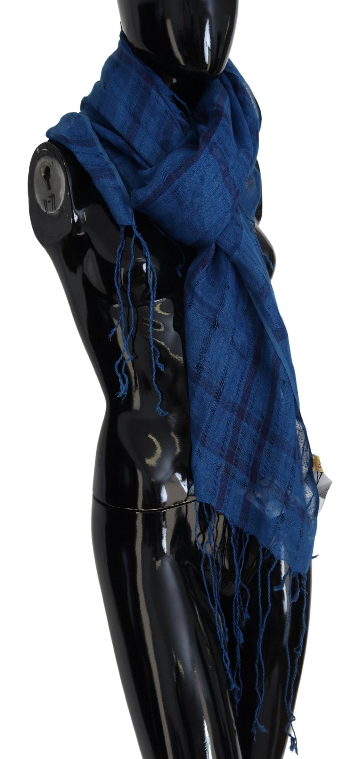 Costume National Châle en Lin Bleu Foulard Franges Écharpe