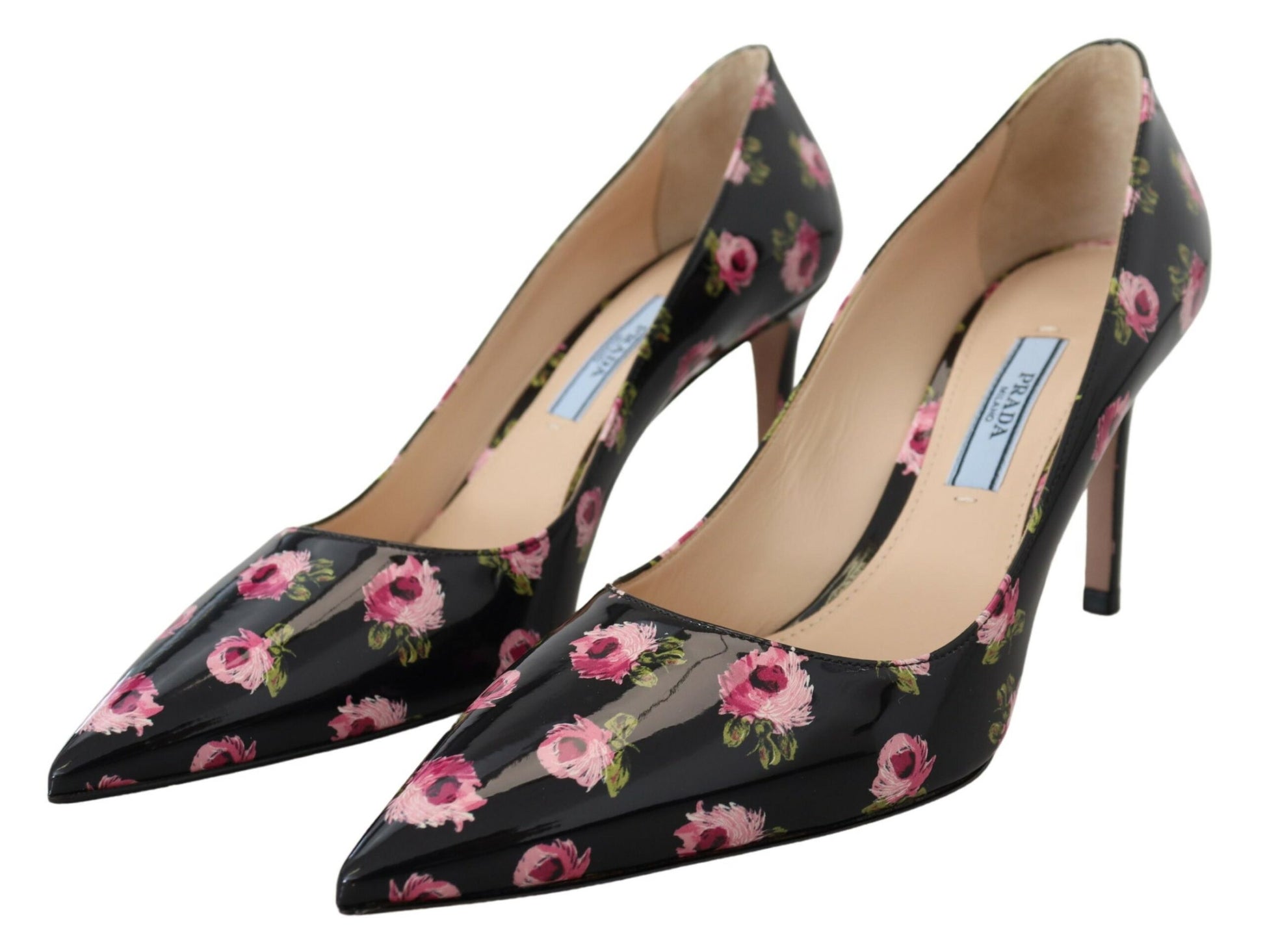 Escarpins à talons aiguilles Prada en cuir noir à fleurs