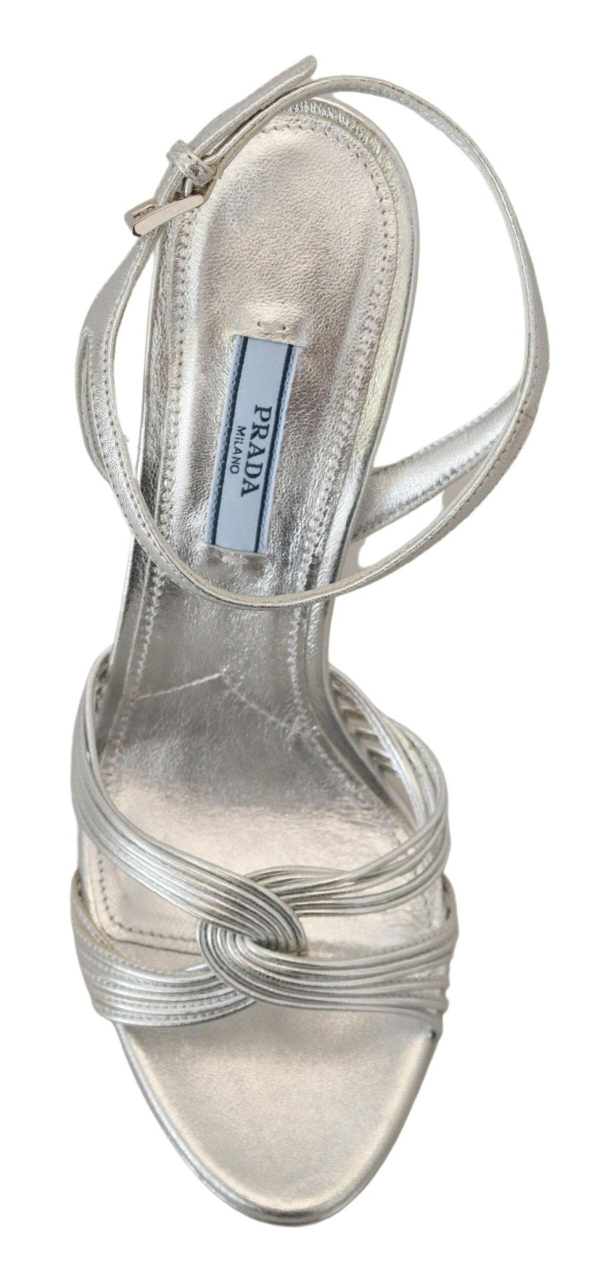 Sandales Prada en cuir argenté à bride cheville et talons aiguilles