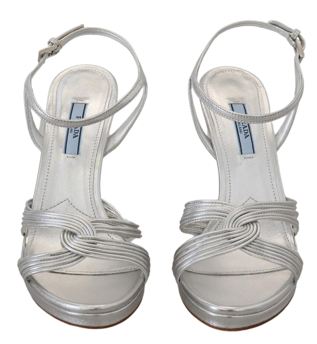 Sandales Prada en cuir argenté à bride cheville et talons aiguilles
