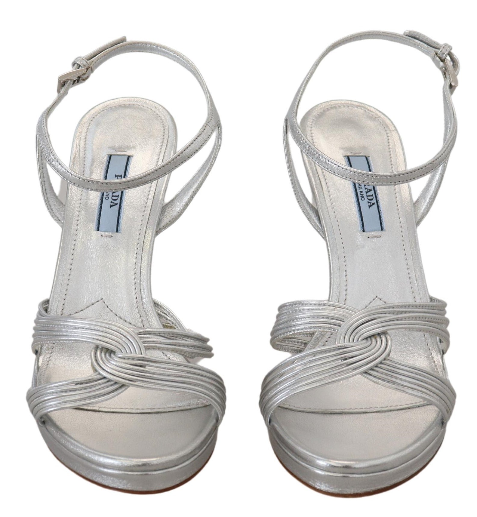 Sandales Prada en cuir argenté à bride cheville et talons aiguilles
