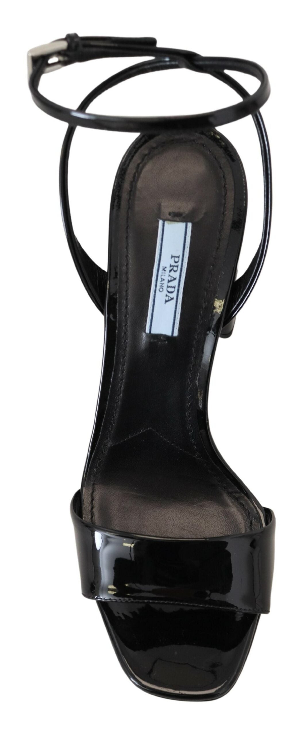 Sandales Prada noires vernies à talons et bride cheville en cuir