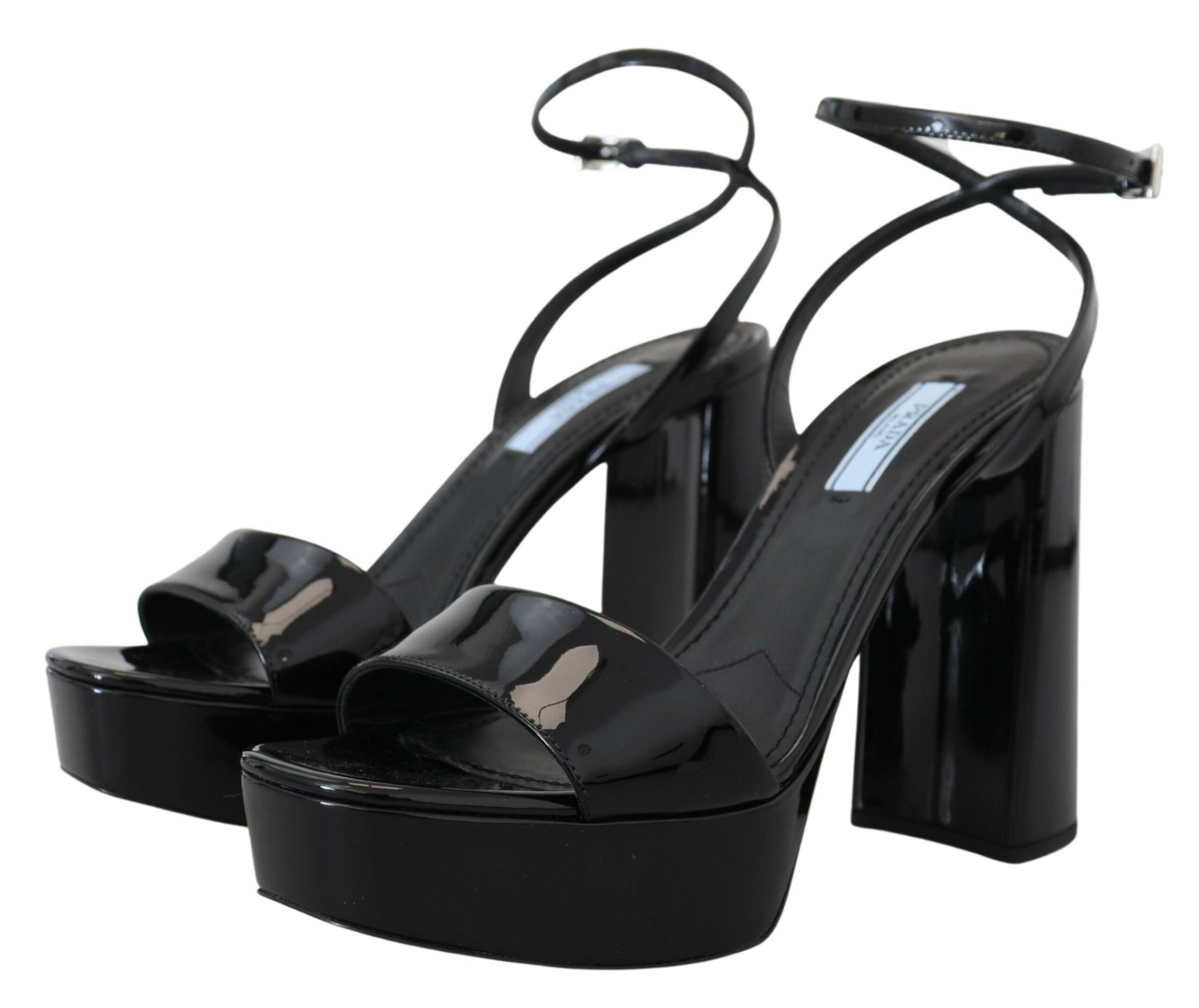 Sandales Prada noires vernies à talons et bride cheville en cuir