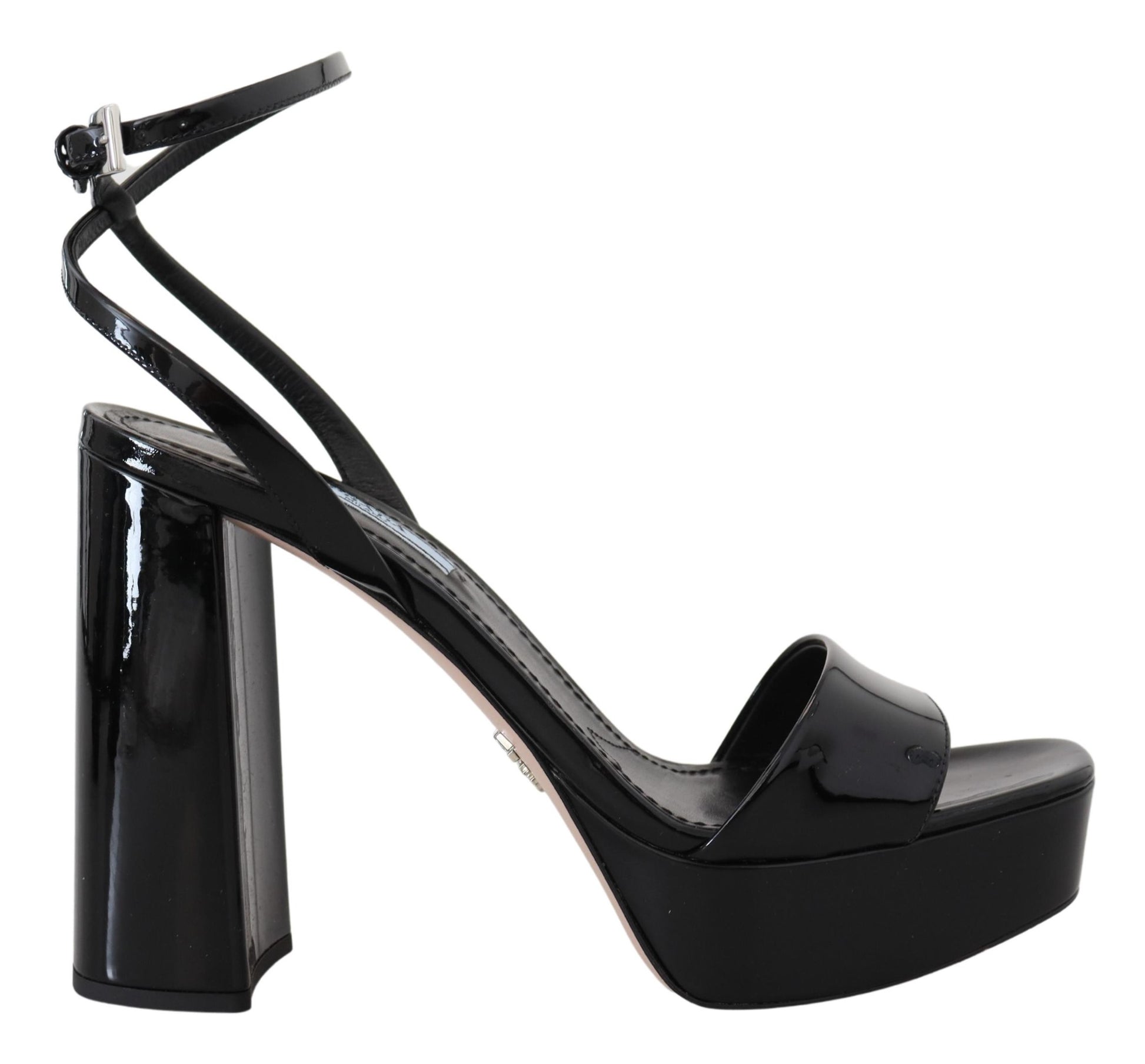 Sandales Prada noires vernies à talons et bride cheville en cuir