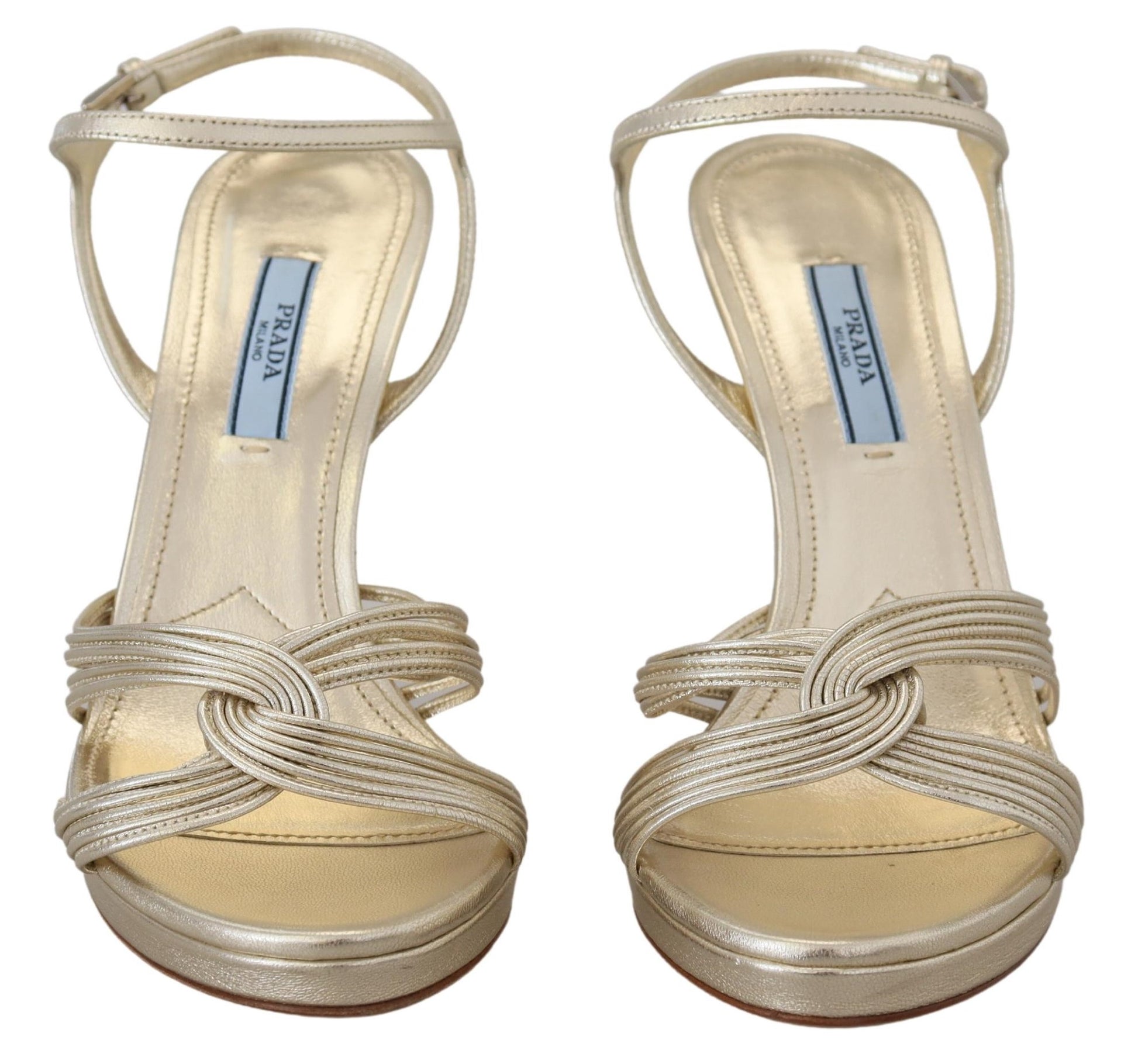 Sandales Prada en cuir doré à talons aiguilles et bride à la cheville