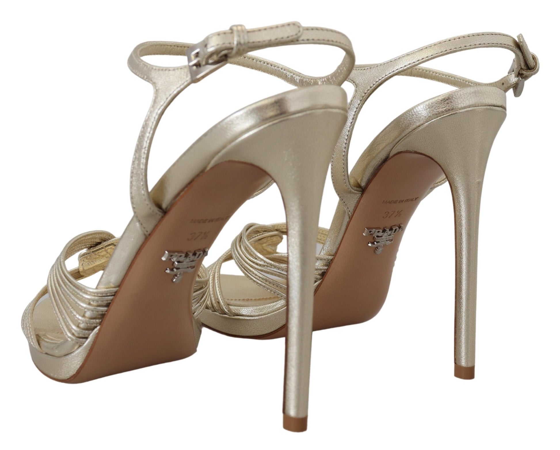 Sandales Prada en cuir doré à talons aiguilles et bride à la cheville