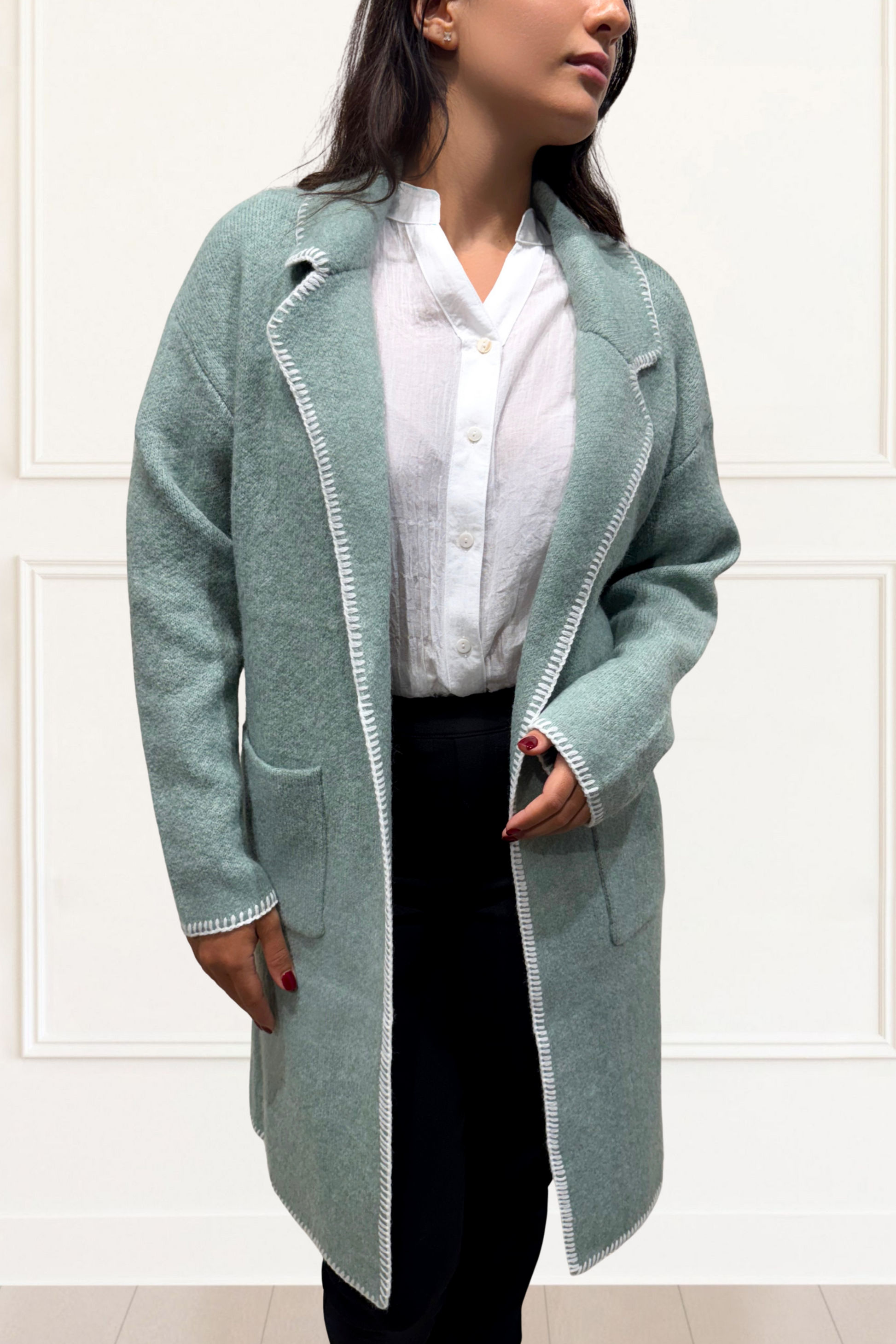 Solana Knit Jacket Collar Long Open-Front Contrast Stitching Pockets-5