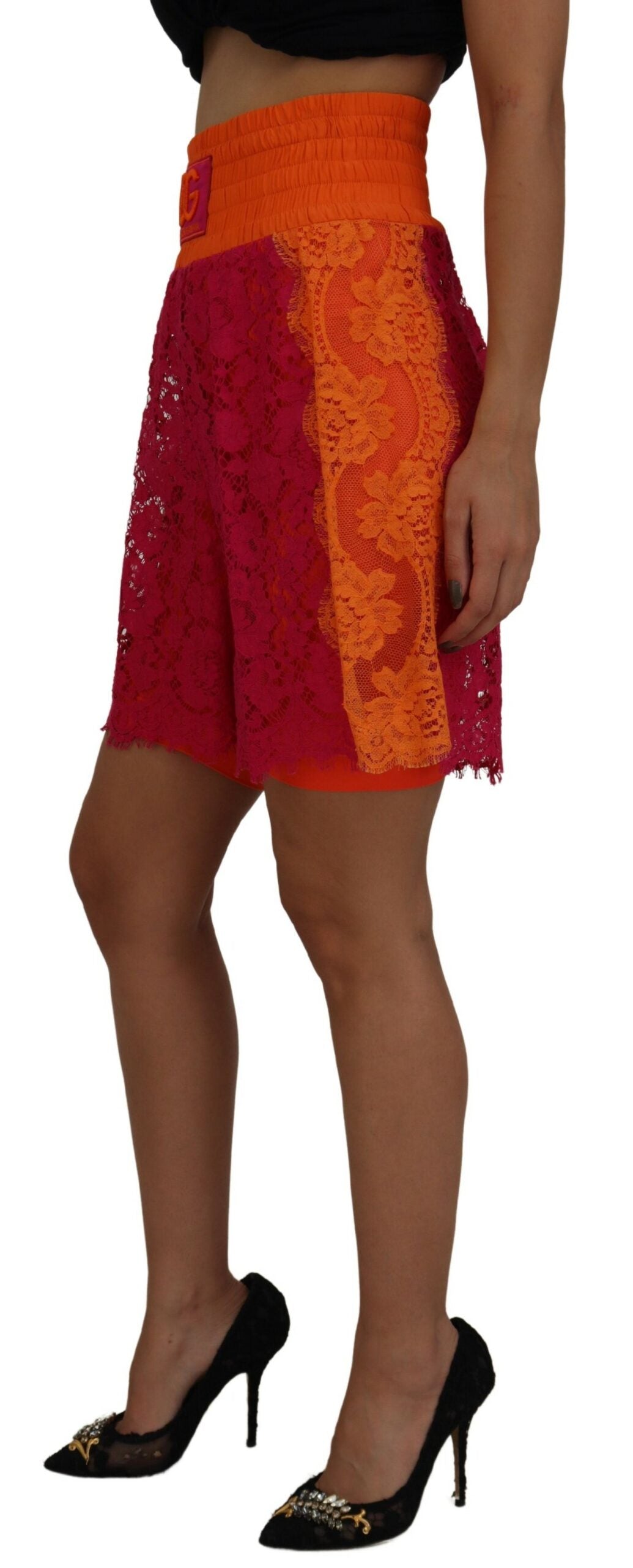 Short taille haute en coton et dentelle rose orange Dolce &amp; Gabbana