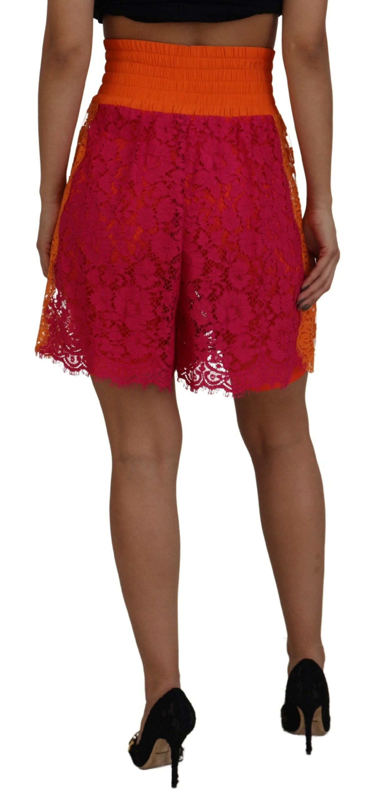 Short taille haute en coton et dentelle rose orange Dolce &amp; Gabbana