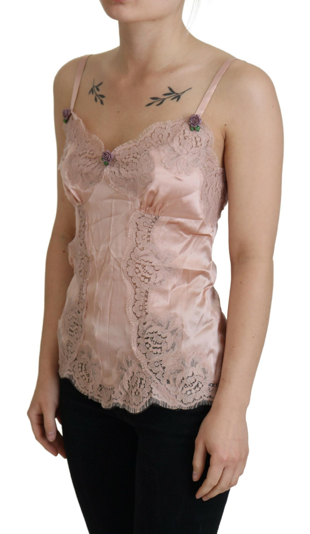 Débardeur Dolce &amp; Gabbana en satin rose et dentelle à imprimé roses
