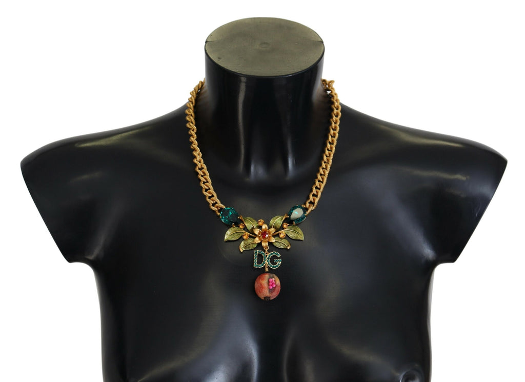 Collier Dolce &amp; Gabbana en laiton doré avec logo en cristal et motif floral fruité